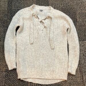 Aerie Cream Knit Sweater with Lace-Up Neckline